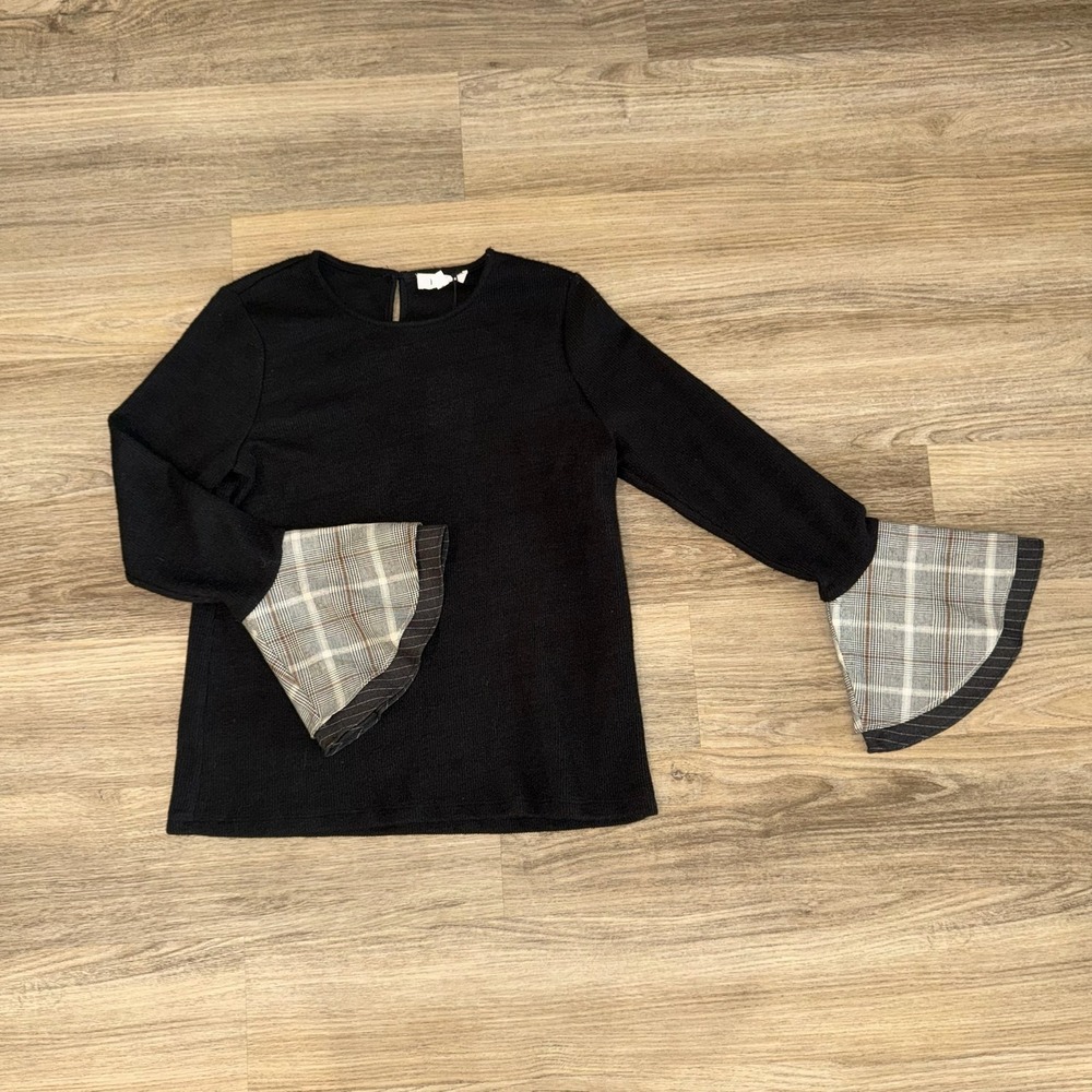 THML Black Knit Top Plaid Bell Sleeve Blouse Boho‎ Preppy Small